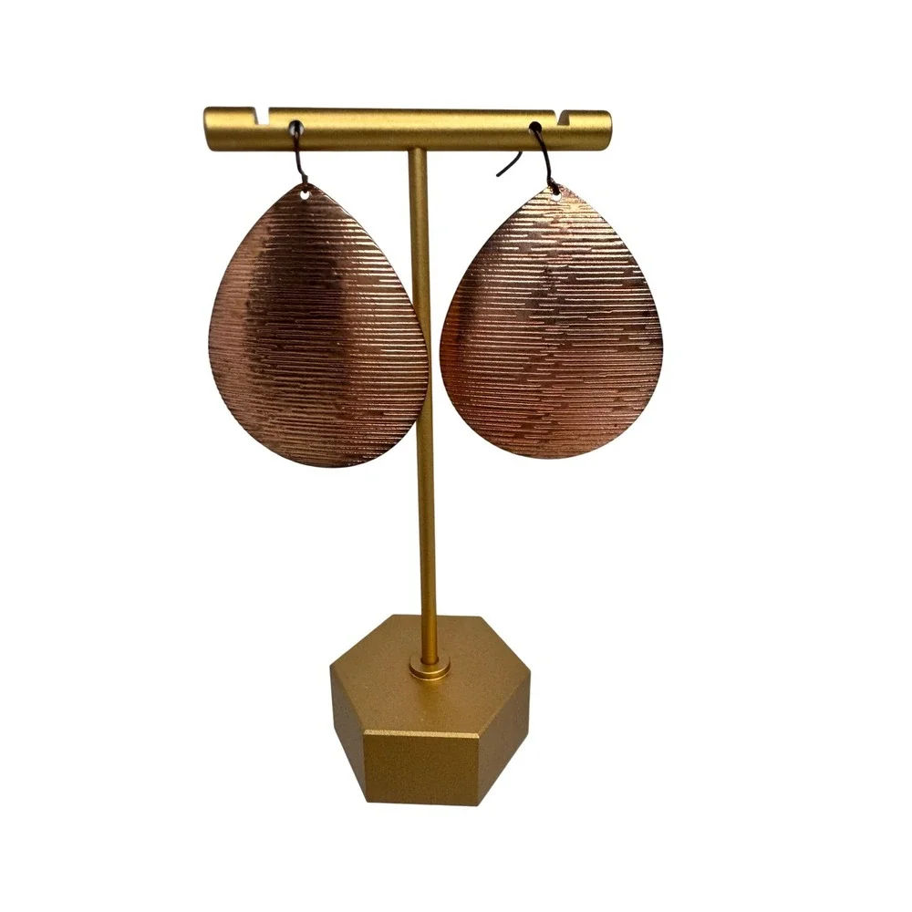 Rose Gold Textured Teardrop Earrings Ribbed‎ Metallic Fishhook Drop Boho